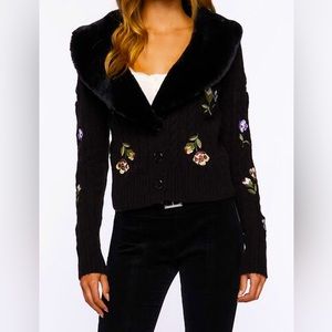 Embroidered Floral Cardigan with Fur Collar